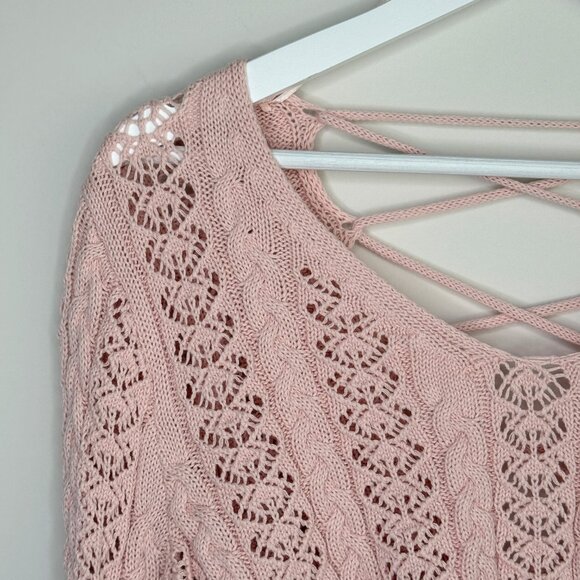 Altar'd State Pink Crochet Knit Crop Sweater Lace Up Back Bell Sleeve - Picture 5 of 8
